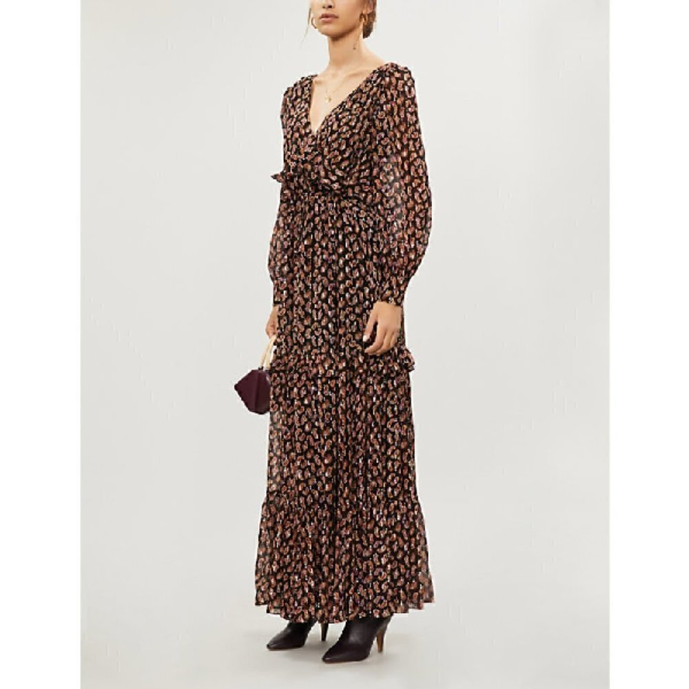 DVF Winnie Paisley Black dress maxi chiffon tie gold boho new Small 4 6